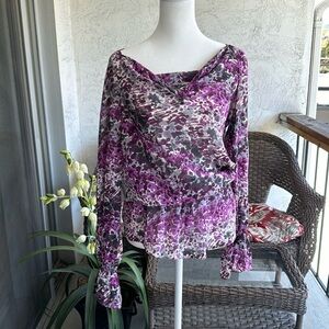 Women’s Purple Sheer Blouse Elastic Waistline Size Small 100% Silk